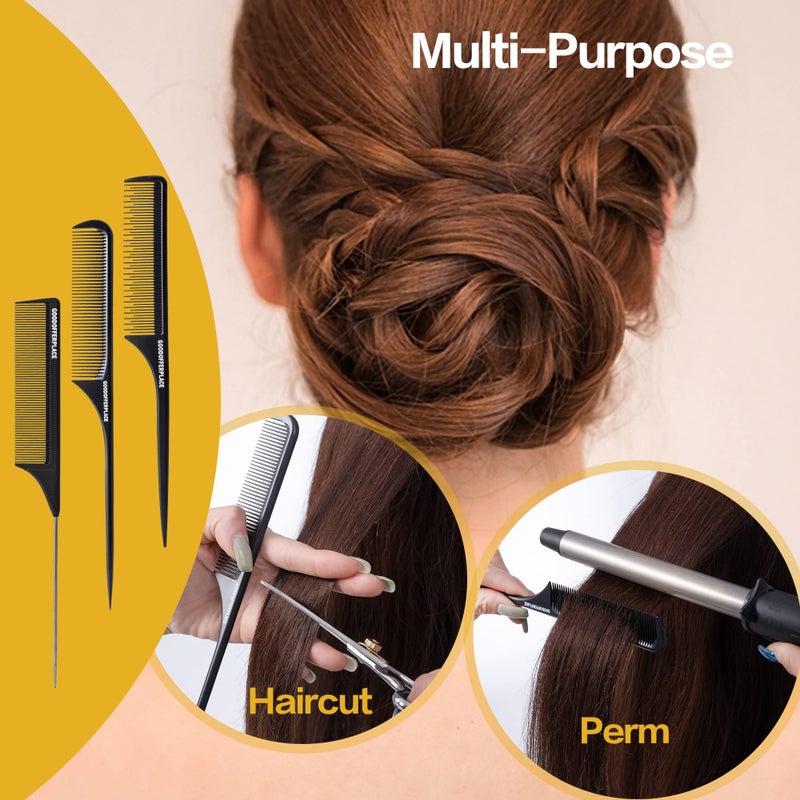 Goodofferplace 3PCS Hair Rat Tail Combs Parting Rattail Combs Teasing Fine Tooth Comb Metal Hair Pick Detangling Combs Set for Women,Girls(Black) - Image 5